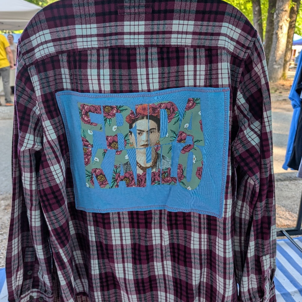 Frida Kahlo Artist PLAID Upcycled Flannel Shirt Hand Crafted